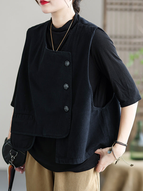 Débardeur asymétrique boutonné vintage, couleur unie
