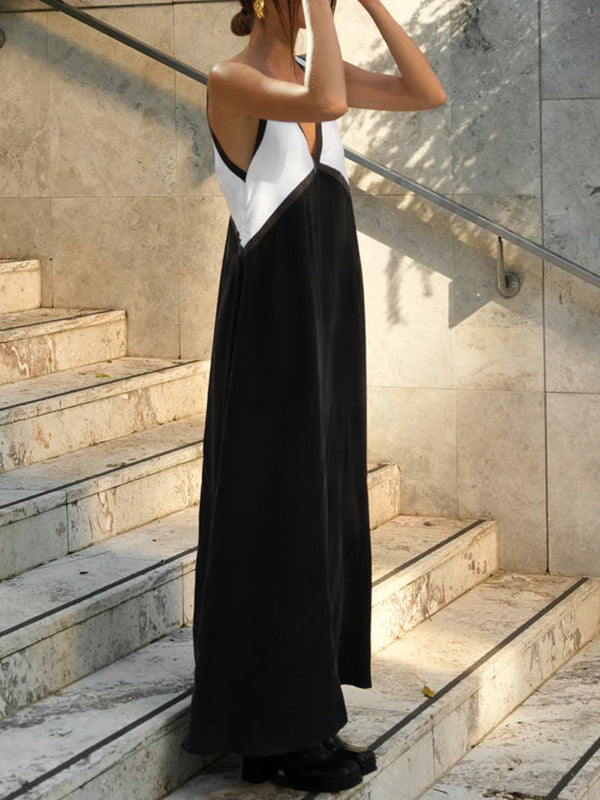 Robe longue ample sans manches, à empiècements, à décolleté en V profond, couleur contrastée