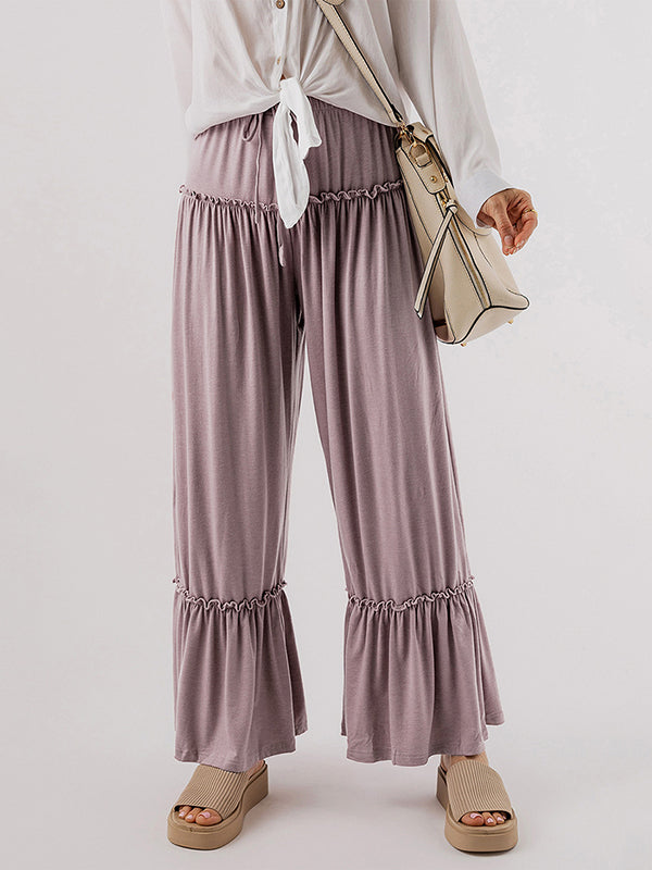 Pantalon ample plissé taille haute, couleur unie