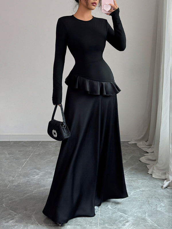 Robe longue coupe trapèze, taille haute, à bordure volantée, à empiècements, à col rond, couleur unie