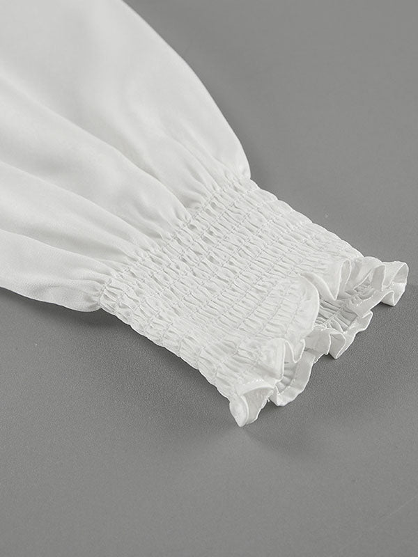 Chemisier ample plissé à manches bouffantes, à taille élastique, à empiècements, à col en V, couleur unie