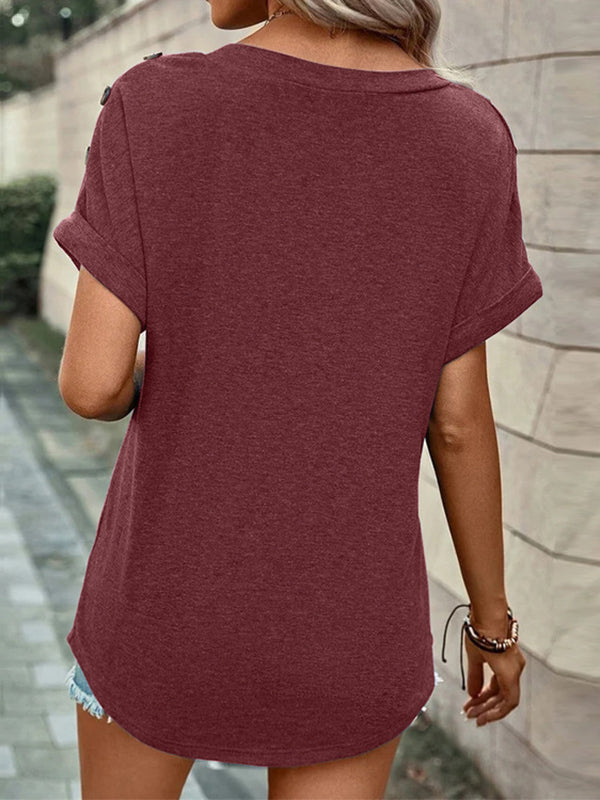 T-shirt ample boutonné à manches courtes, à col en V, couleur unie