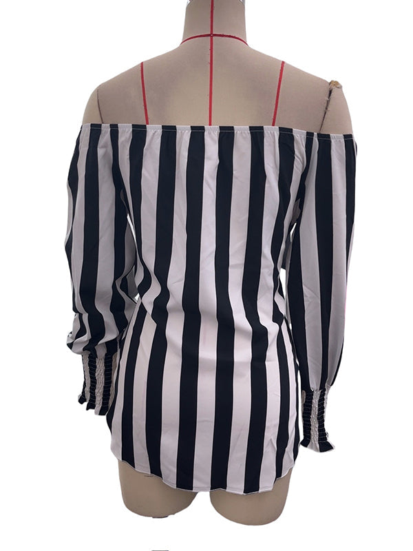 Chemisier ample rayé à manches longues, à taille élastique, à empiècements, à taille nouée, à épaules dénudées, couleur contrastée