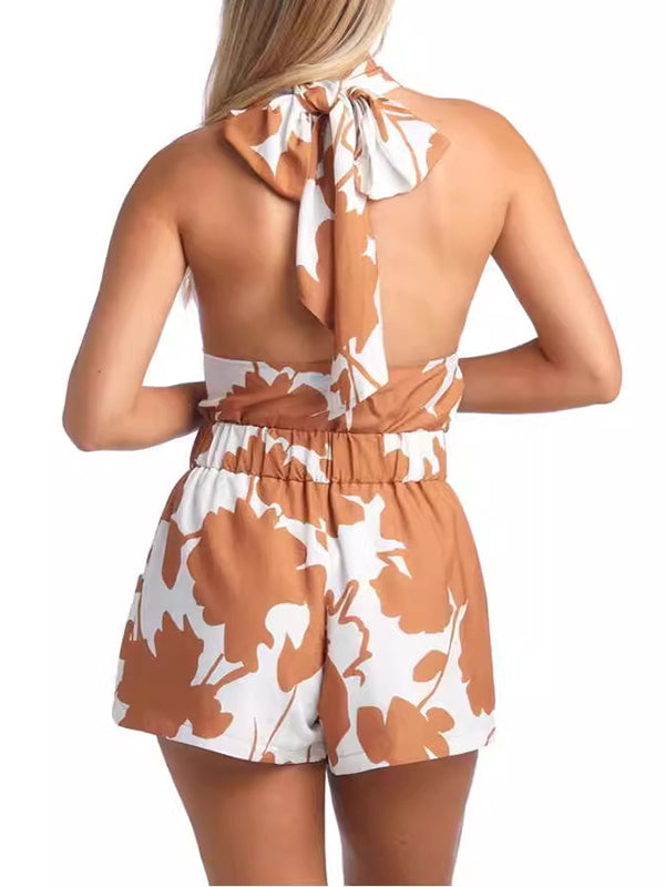 Ensemble deux pièces ample noué dos nu, à imprimé floral, à col licou, à taille élastique, à poches, taille haute – débardeur + short