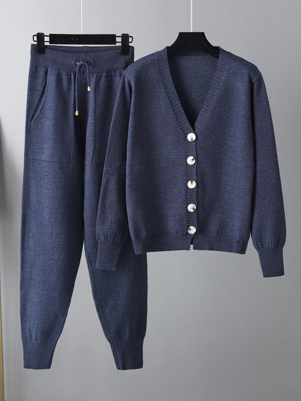 Ensemble deux pièces décontracté ample à col en V, couleur unie – cardigan + sarouel
