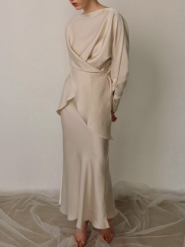 Ensemble deux pièces ample à empiècements, à col bateau, à manches longues, couleur unie – chemisier + chemise + jupe