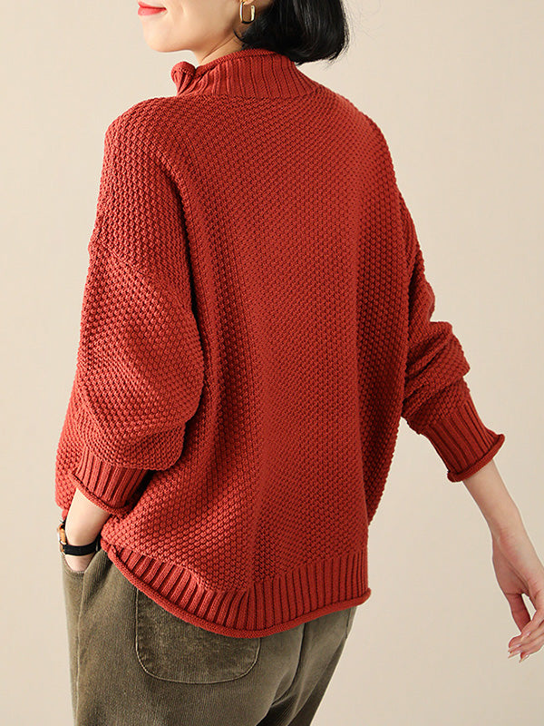 Pull décontracté ample à manches longues, à col haut, couleur unie