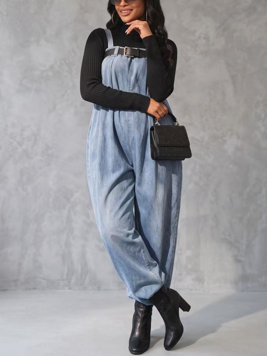 Salopette à taille élastique, avec ceinture, à jambes larges, sans manches, à fines bretelles, couleur unie