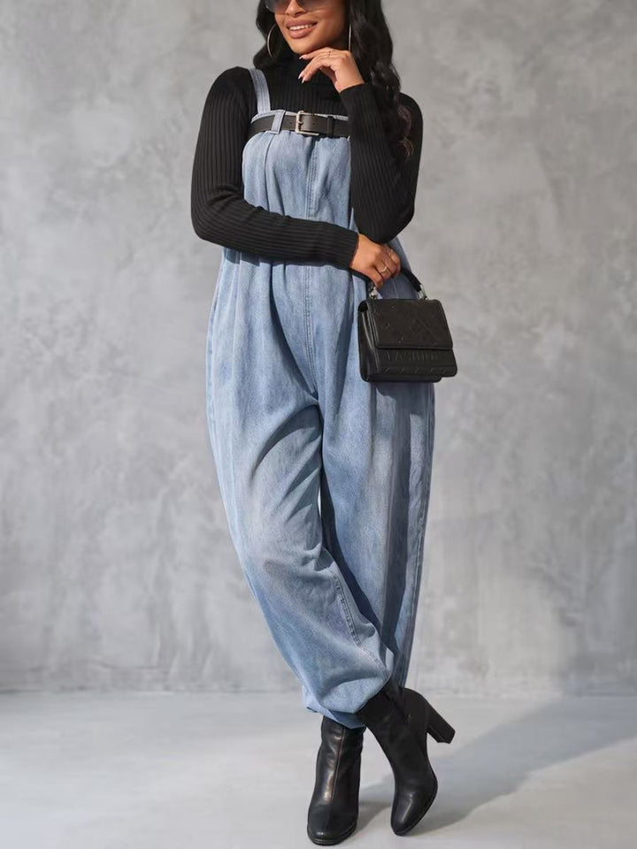 Salopette à taille élastique, avec ceinture, à jambes larges, sans manches, à fines bretelles, couleur unie