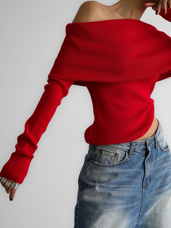 Pull ample à manches longues, à épaules dénudées, couleur unie