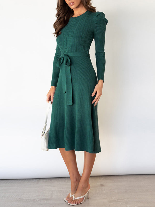 Robe pull taille haute, à manches longues, à taille nouée, à col rond, couleur unie