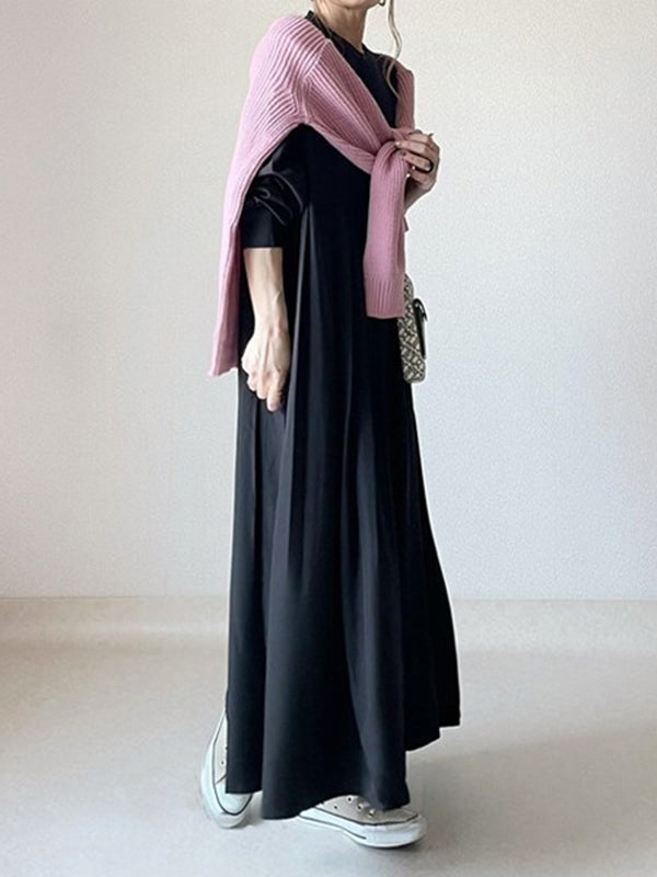 Robe chemise ample plissée à manches longues, à empiècements, à col rond, couleur unie