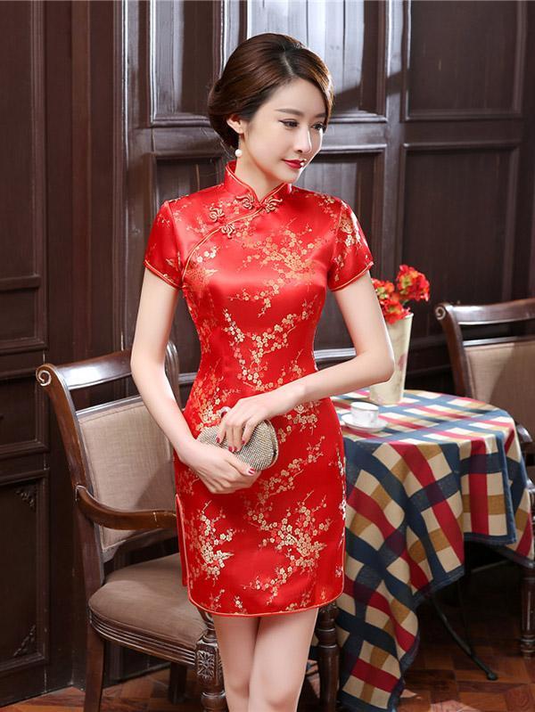 Robe Cheongsam courte à fleurs de prunier rouge