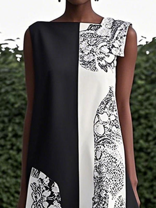 Robe longue ample asymétrique imprimée sans manches, à col rond, couleur contrastée