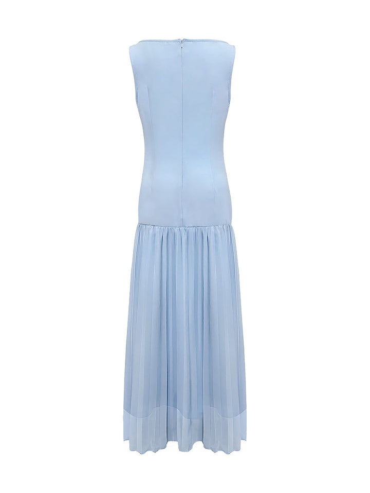 Robe de soirée longue plissée sans manches, en gaze, à empiècements, à col bateau, couleur unie