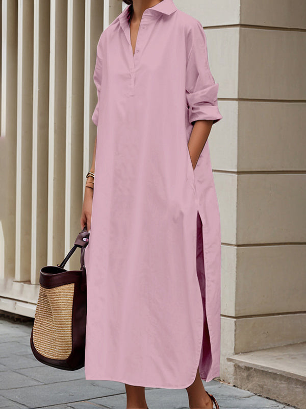 Robe chemise mi-longue à manches longues et poches boutonnées, couleur unie, revers fendu sur le côté