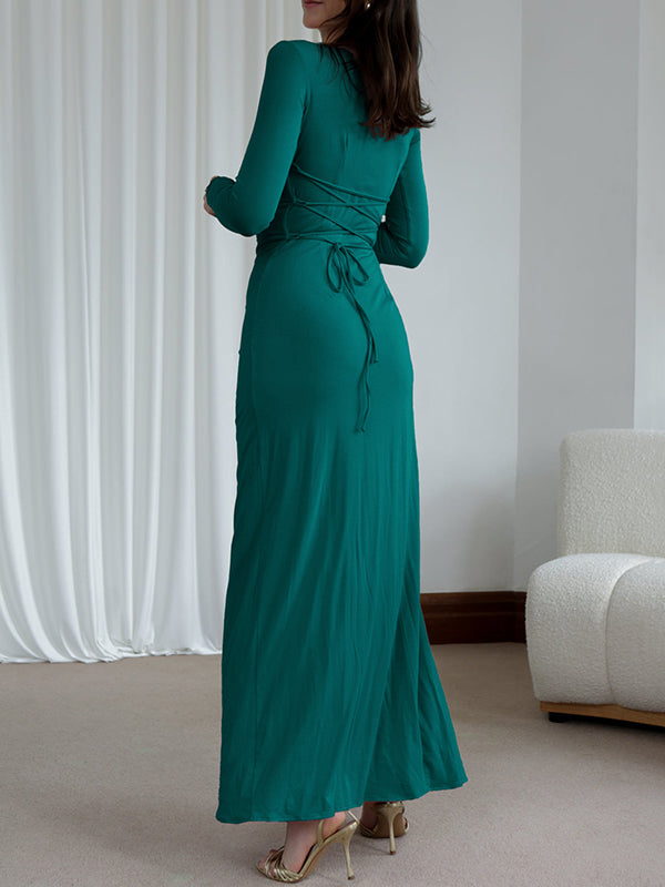 Robe longue moulante asymétrique plissée volantée taille haute, à empiècements, à col rond, couleur unie