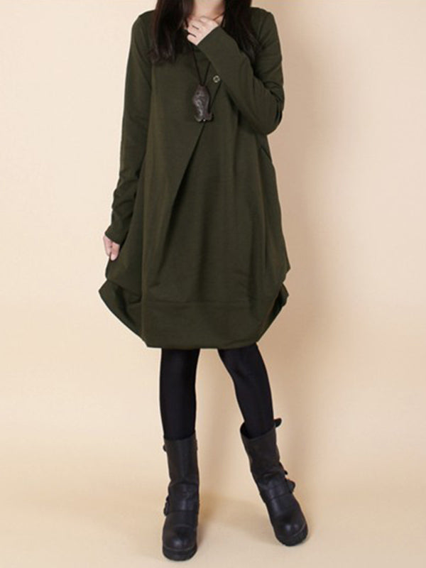 Robe longue plissée coupe trapèze, à manches longues, à col rond, couleur unie