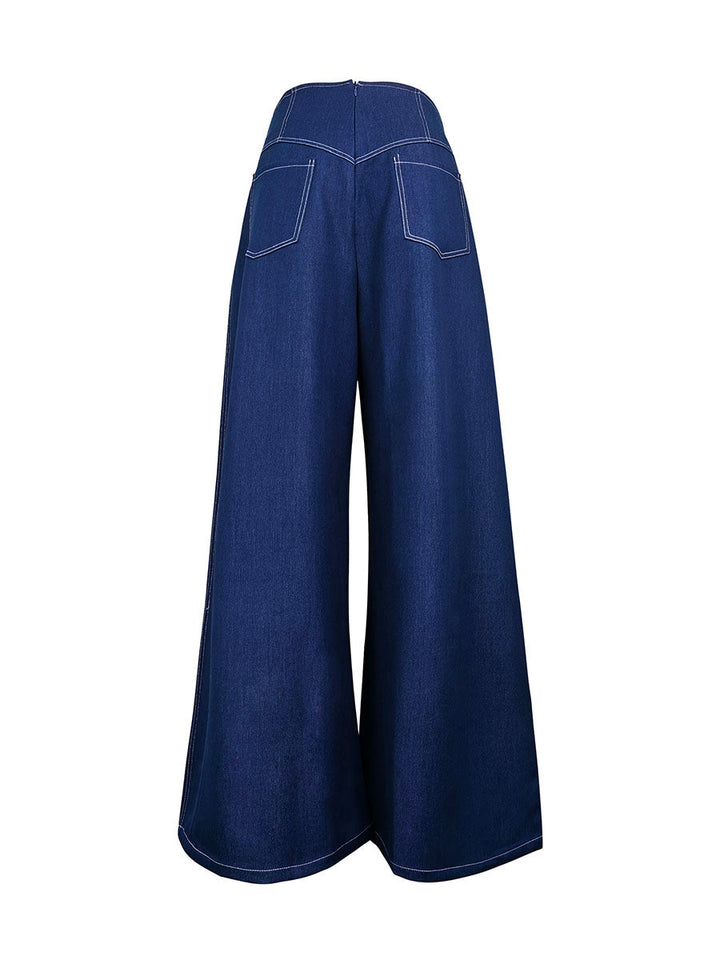 Jean ample taille haute, à taille élastique, à poches, à fermeture éclair, couleur unie