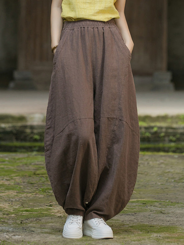 Pantalon ample à taille élastique, à poches, à empiècements, couleur unie