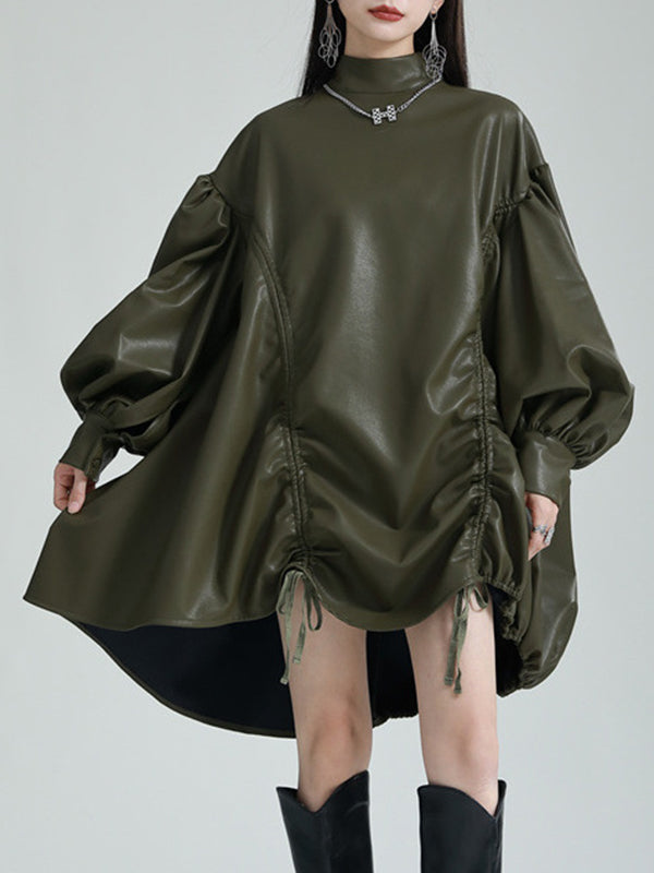 Robe courte plissée à ourlet plongeant, à manches longues, à cordon de serrage, à col montant, couleur unie