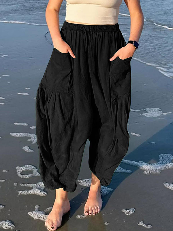 Pantalon ample plissé taille haute, à cordon de serrage, à taille élastique, à poches, couleur unie