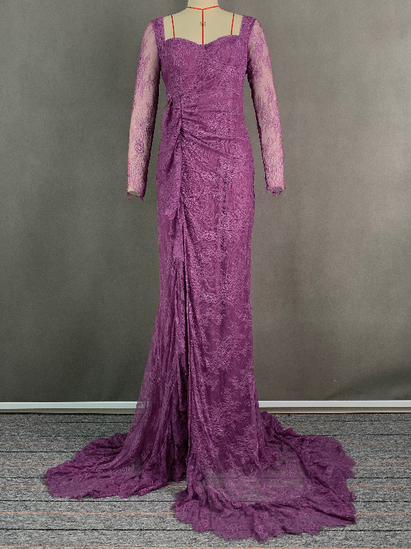 Robe de soirée longue transparente fendue sur le côté à manches longues, coupe sirène, en résille, à col carré