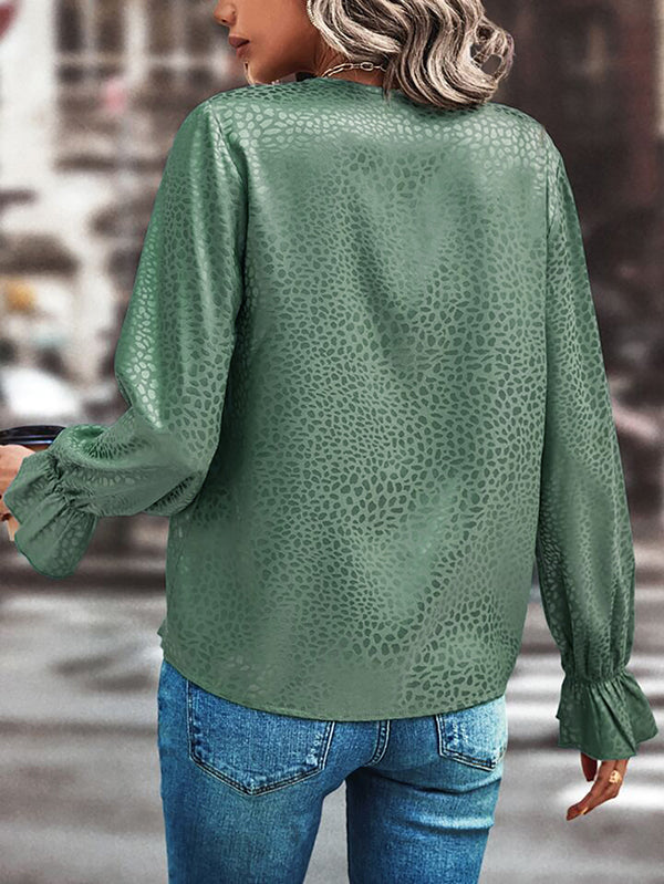 Chemisier ample ajouré à manches longues, à taille élastique, en jacquard, à imprimé léopard, à empiècements, à col en V