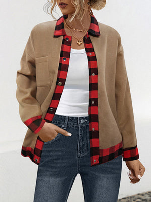 Manteau en laine ample boutonné à manches longues, à carreaux, à poches, à empiècements, à col revers