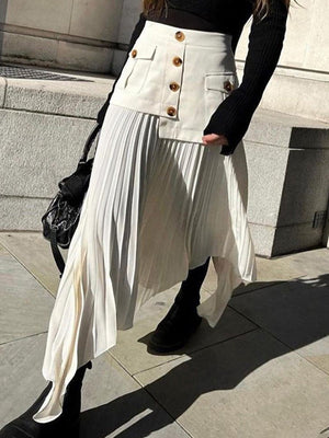 Jupe ample asymétrique boutonnée plissée coupe trapèze, à empiècements, à fermeture éclair