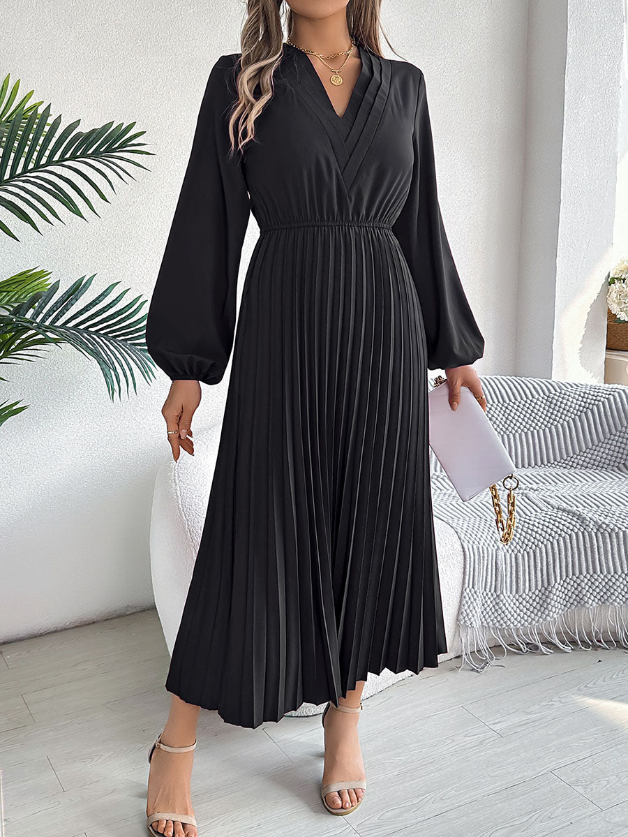 Robe longue plissée coupe trapèze, taille haute, à taille élastique, à col en V, couleur unie