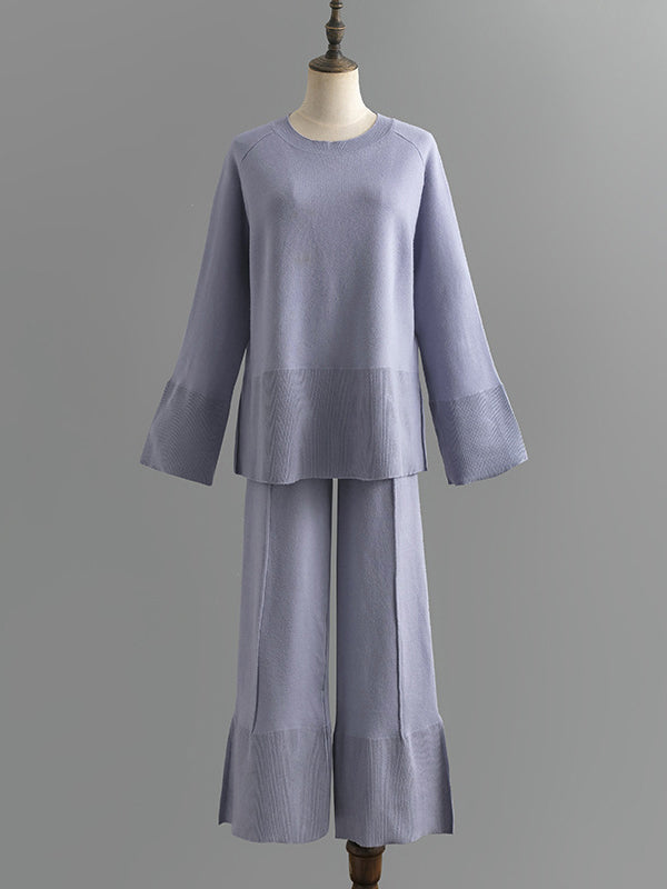 Ensemble deux pièces décontracté ample à manches longues, à col rond, à jambes larges, couleur unie – pull + pantalon