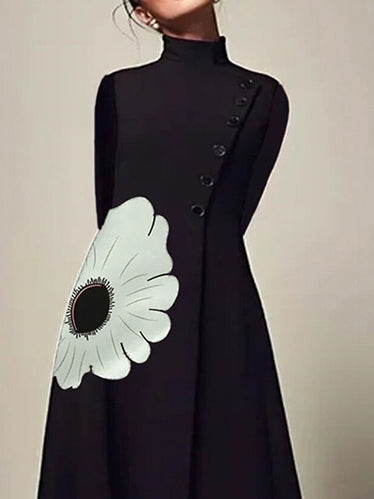 Robe mi-longue coupe trapèze, à manches longues, à imprimé floral, à col haut