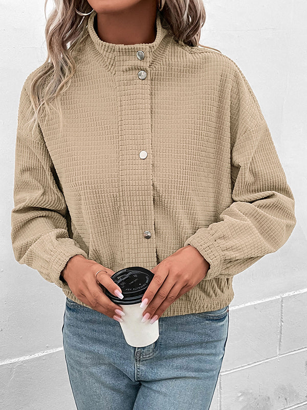 Veste ample boutonnée à manches longues, à fermeture éclair, à col revers, couleur unie