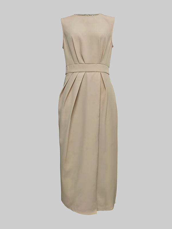 Robe mi-longue ample plissée taille haute, à col rond, couleur unie