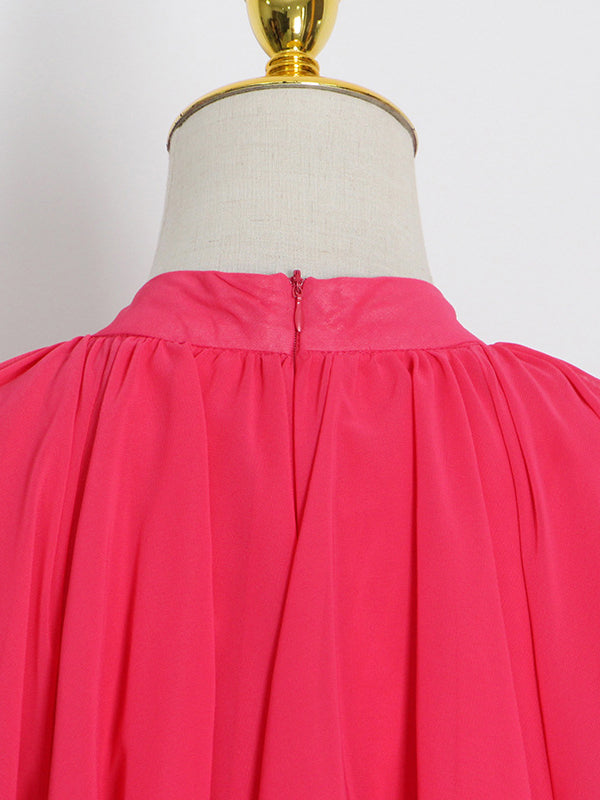 Robe longue ample à manches raglan, à volants étagés, à col montant, couleur unie