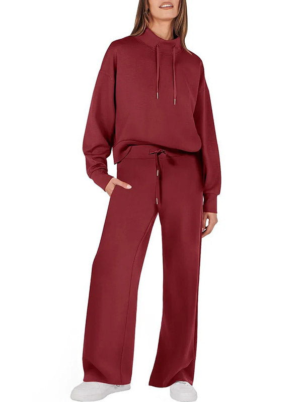 Ensemble deux pièces taille haute, manches longues, cordon de serrage, sweat-shirt fendu + pantalon/pantalon