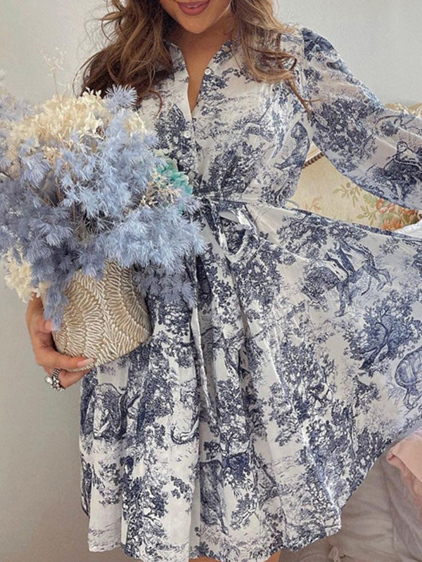 Robe chemise ample plissée imprimée à manches bouffantes, à empiècements, à taille nouée, à col revers