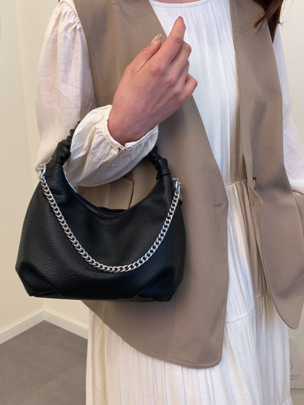 Sac à main plissé à chaîne, à fermeture éclair, couleur unie