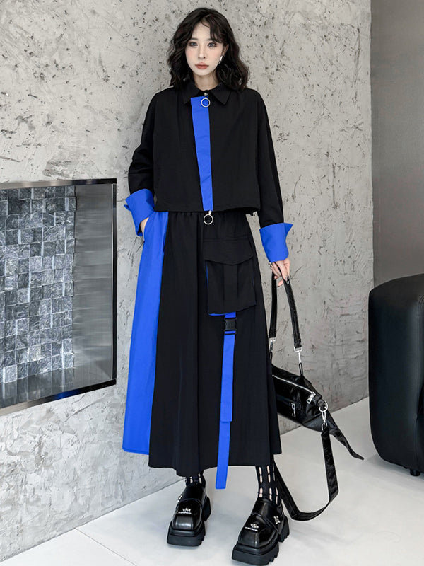 Ensemble deux pièces asymétrique à empiècements, à col revers, coupe trapèze, à taille élastique, à poches, à rubans, couleur contrastée – chemisier + jupe