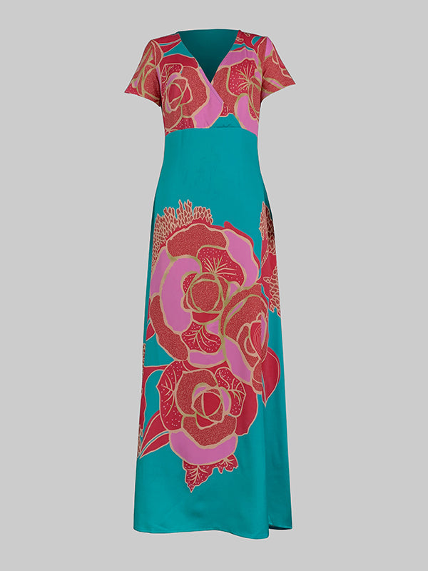 Robe de soirée longue ample coupe trapèze, à imprimé floral, à empiècements, à décolleté en V profond