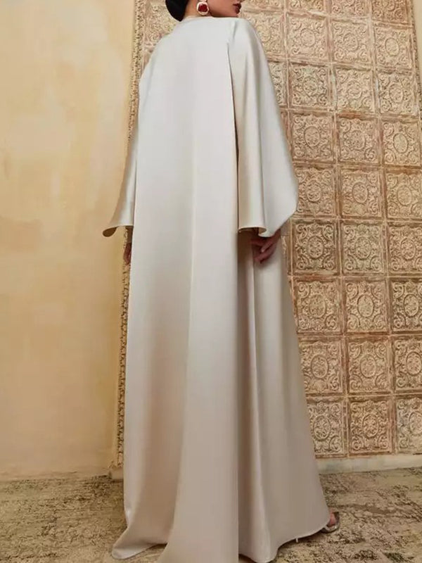 Robe longue décontractée fendue devant à manches chauve-souris, couleur unie