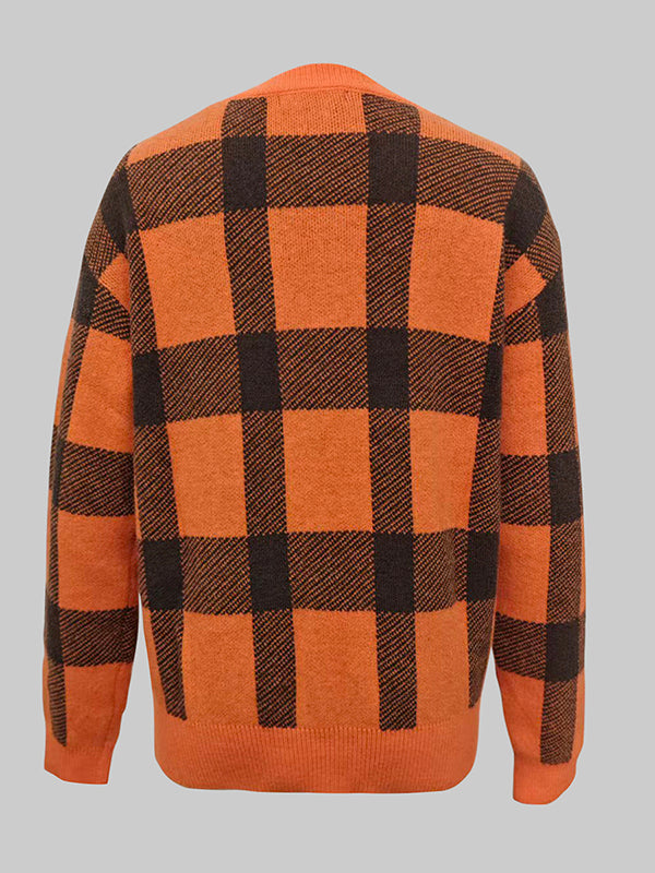 Pull à manches longues, à carreaux, à col cheminée, couleur contrastée