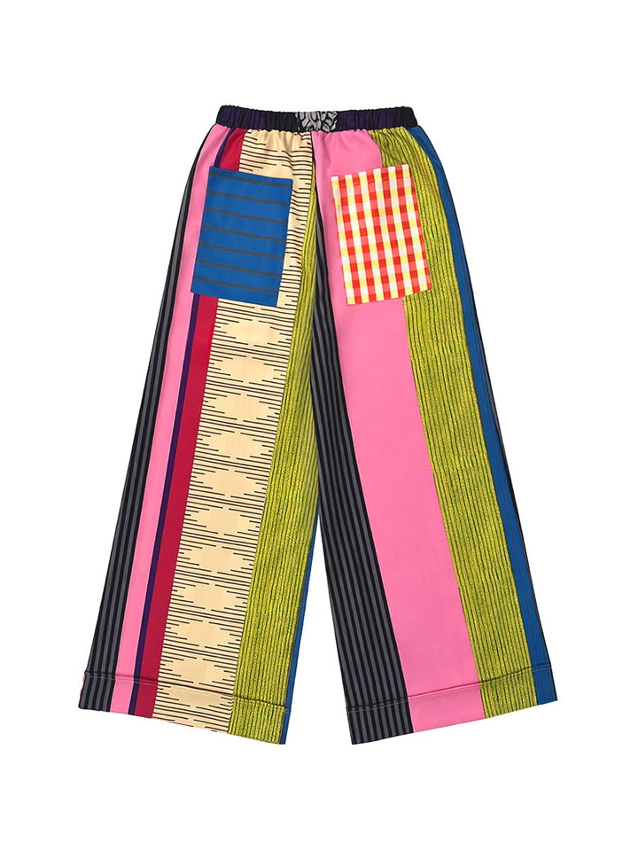 Pantalon ample imprimé rayé décontracté à jambes larges, à cordon de serrage, couleur contrastée