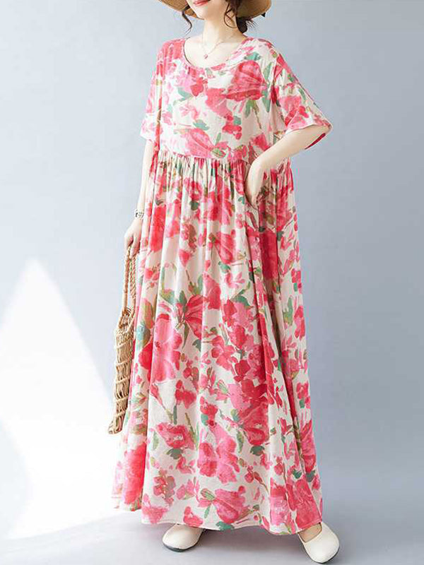 Robe mi-longue plissée coupe trapèze, à manches chauve-souris, à imprimé floral, à empiècements, à col rond