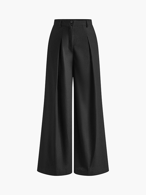 Pantalon ample plissé taille haute, à empiècements, couleur unie