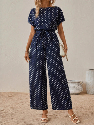 Combinaison taille haute, à pois, à empiècements, à taille nouée, à col rond, couleur contrastée