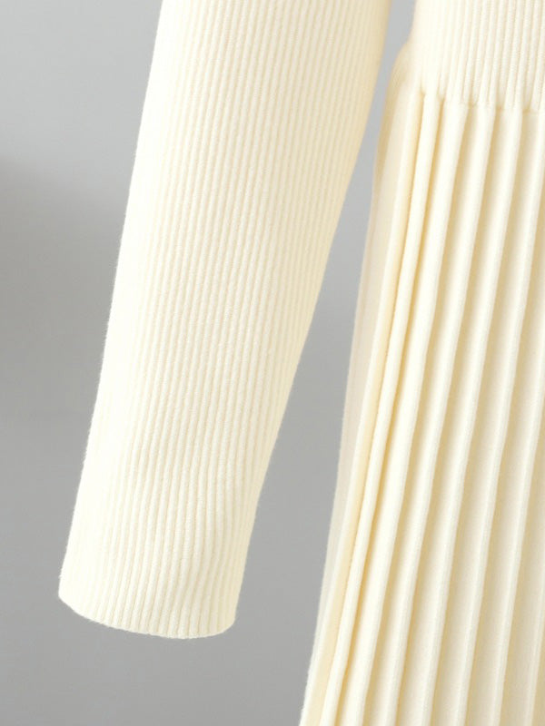 Robes pull élégantes à manches longues, taille haute plissée, couleur unie, demi-col roulé