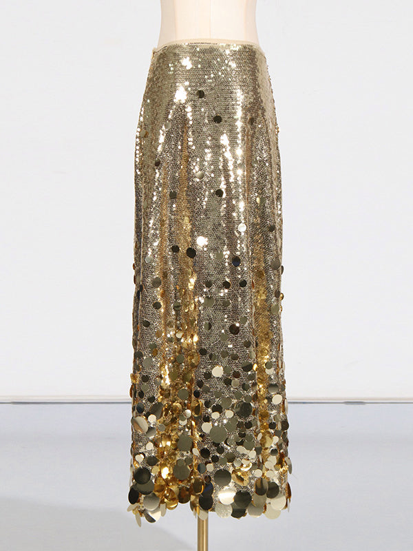 Jupe brillante coupe trapèze, taille haute, à sequins