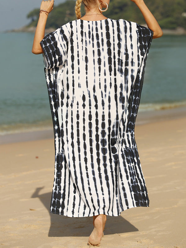 Robe longue ample imprimée fendue sur le côté à manches courtes, anti-UV, à col en V